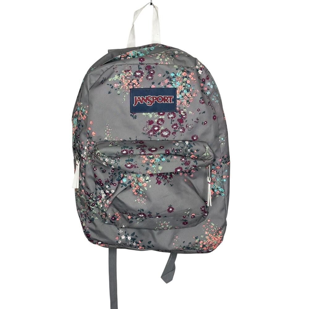 JanSport SuperBreak Backpack Gray Purple Pink Floral School Bookbag Pack Floral